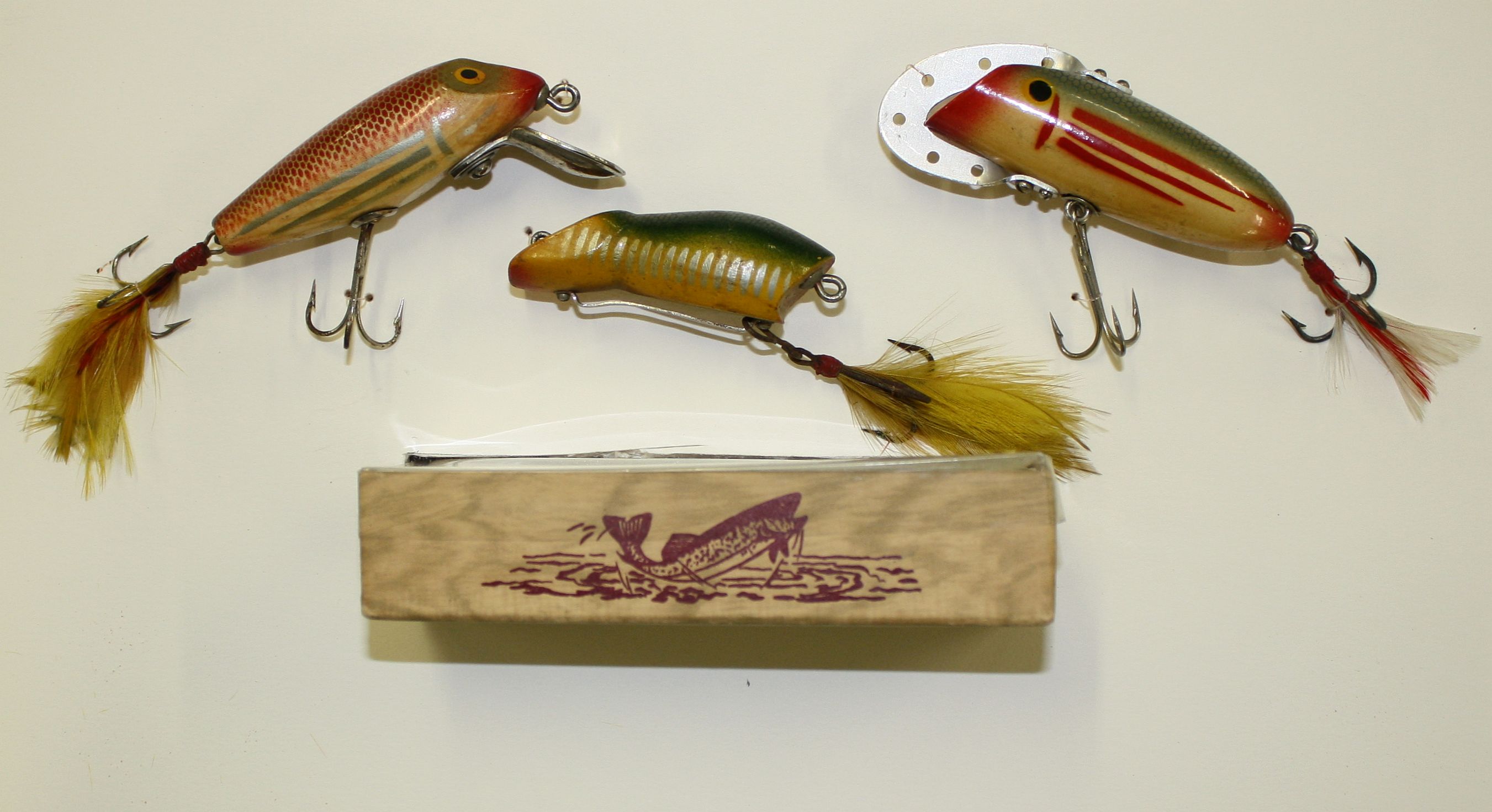 3 Lure Lot.Unknown Mike the Fisherman Bait Chamber Group.1960