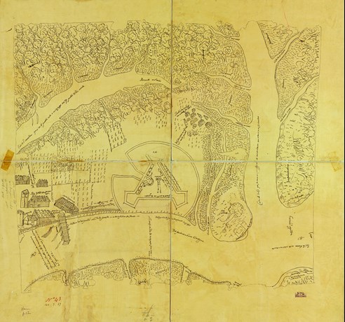 1595 map of St. Augustine including the rivers and fortress. The map is on tan colored paper.