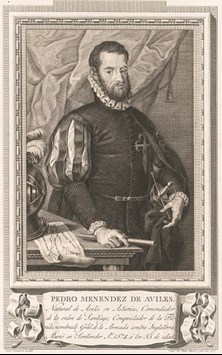 Black and white engraved portrait of Spanish conquistador Pedro Menendez de Aviles. Menendez stands next to a desk with a scroll in his right hand and a sword under his left hand.