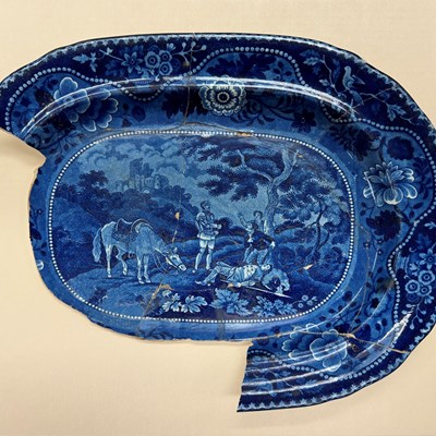 Knight of the Wood platter, blue transferware, ca. 1835