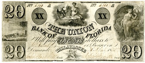 Union Bank currency note for $20 (April 29, 1835), signed by cashier John Parkhill and President John Gamble. Collection of the Museum of Florida History