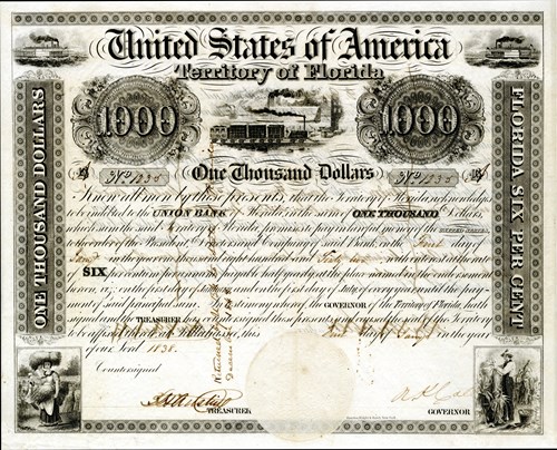 Territory of Florida Bond promising to pay the Union Bank of Florida $1,000 with an interest rate of 6%, 1838. It is signed by bank president John Gamble and territorial governor Richard Keith Call. Collection of the Museum of Florida History.