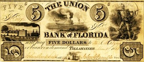 Union Bank currency note for $5 (March 1, 1836), signed by cashier John Parkhill and President John Gamble. Collection of the Museum of Florida History