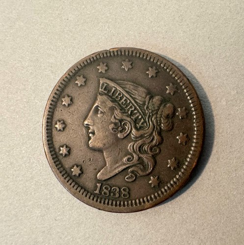 1838 US Matron Head Copper One Cent (front) Collection of the Museum of Florida History