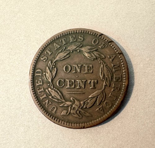 1838 US Matron Head Copper One Cent (reverse) Collection of the Museum of Florida History