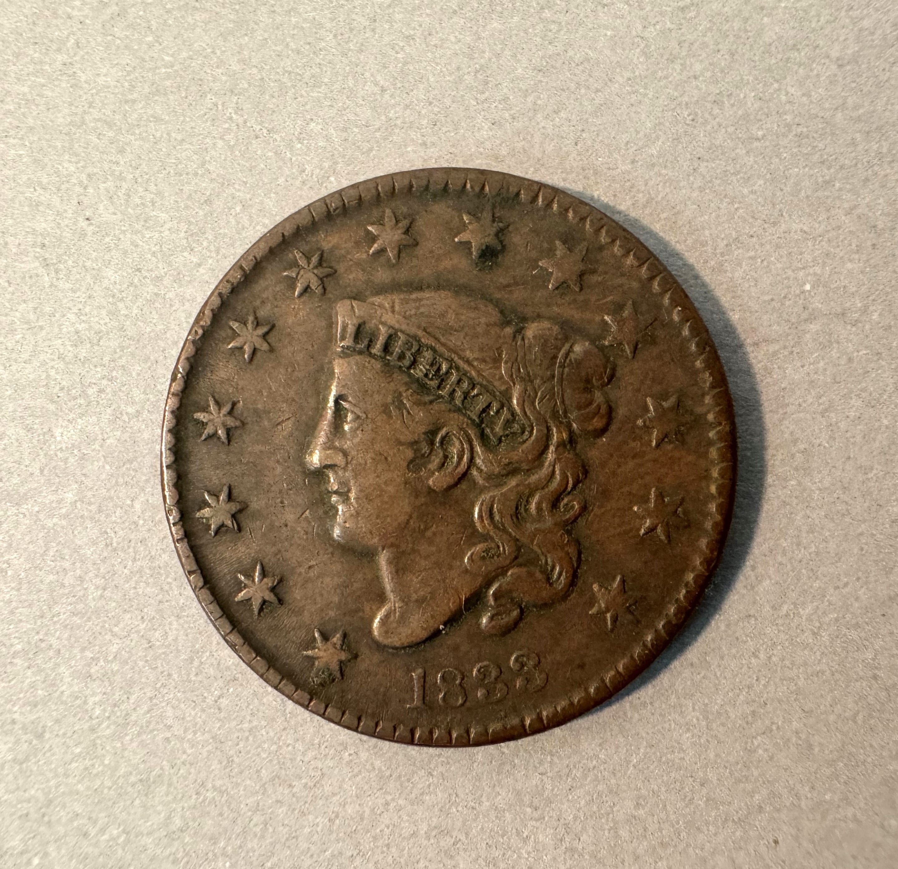 1833 US Matron Head Copper One Cent