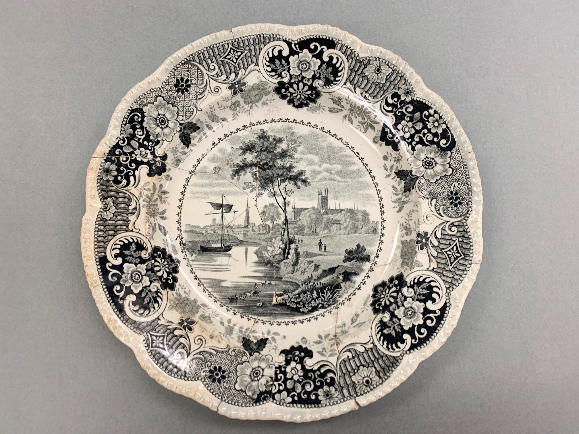 Black transferware pattern by Enoch Wood and Sons, ca. 1820s–30s