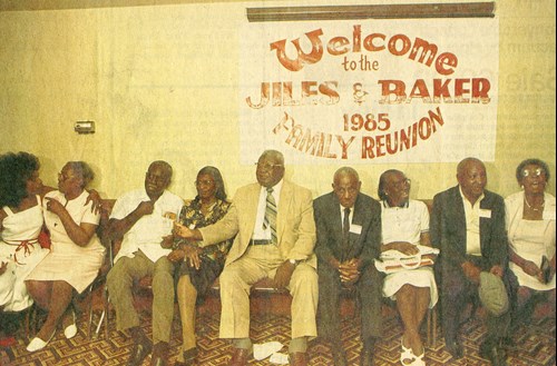 Jiles and Baker family reunion in 1985. From left to right, Susie Jiles Williams, Emma B. Williams, Wilbur Jiles, Sadie Jiles Spears, the Rev. Dennis H. Jamison, Willis Jiles Jr., Thelma Jiles Speed, Chess Shine, and Annie Baker Larkins. Courtesy of the Tallahassee Democrat