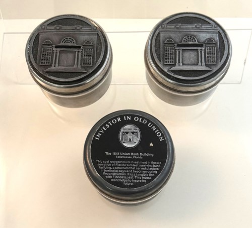 Union Bank pewter coin banks by Designs by METZKE, ca. 1981 Collection of the Museum of Florida History