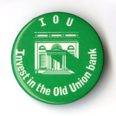I.O.U. button, ca. 1981