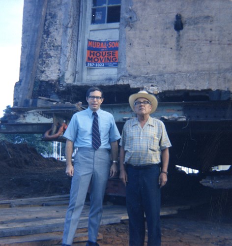 The Union Bank Building was almost destroyed in the process of moving it. Pictured here are architect Gene Figg with the firm Barrett, Daffin, and Figg, and George Saunders, vice president of Mural and Sons movers, October 1971. Courtesy of the Museum of Florida History.
